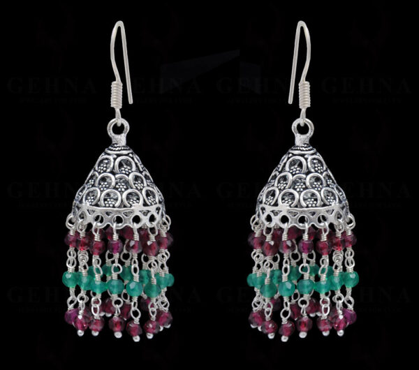 Red Garnet & Green Onyx Gemstone Faceted Bead Earrings In Silver GE06-1078