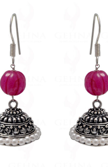 Pearl & Ruby Gemstone Bead Earrings In Silver GE06-1079