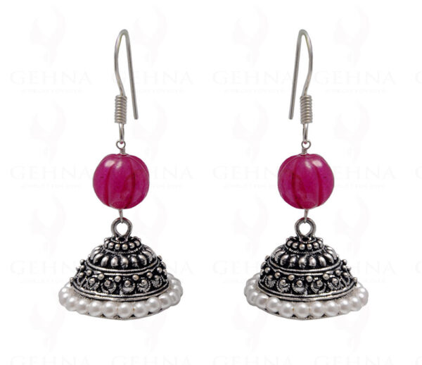 Pearl & Ruby Gemstone Bead Earrings In Silver GE06-1079