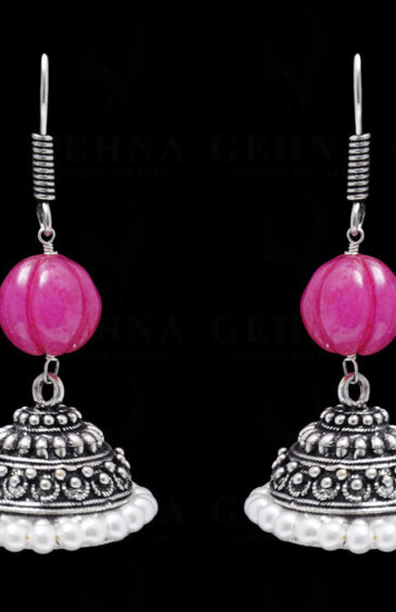 Pearl & Ruby Gemstone Bead Earrings In Silver GE06-1079