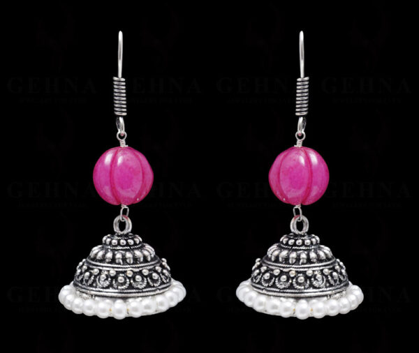 Pearl & Ruby Gemstone Bead Earrings In Silver GE06-1079