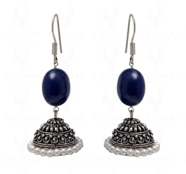 Pearl & Blue Sapphire Gemstone Bead Earrings In Silver GE06-1081