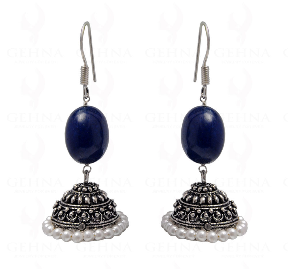 Pearl & Blue Sapphire Gemstone Bead Earrings In Silver GE06-1081