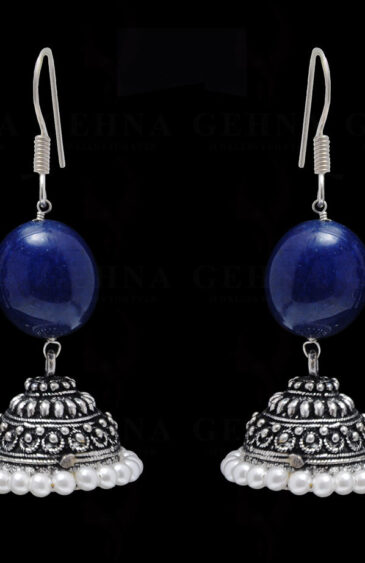 Pearl & Blue Sapphire Gemstone Bead Earrings In Silver GE06-1081