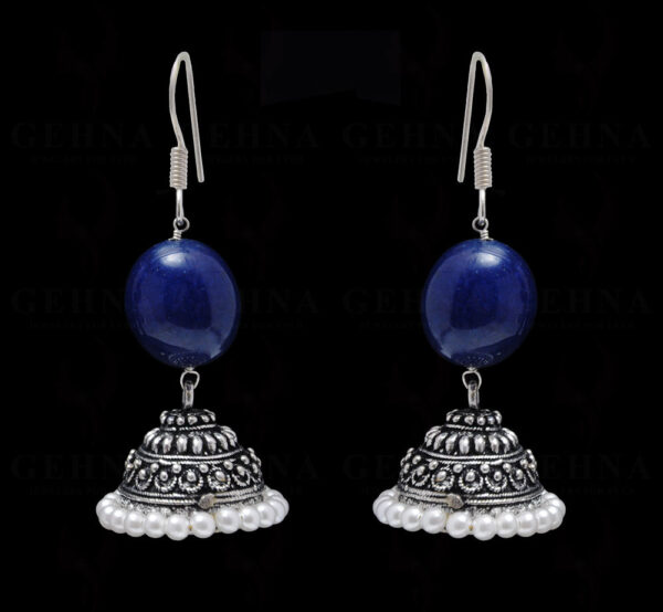 Pearl & Blue Sapphire Gemstone Bead Earrings In Silver GE06-1081