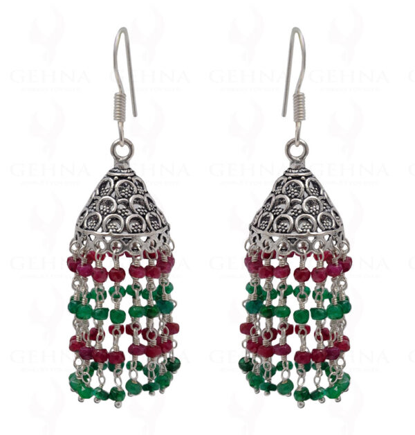 Emerald & Ruby Gemstone Faceted Bead Earrings In Silver GE06-1082