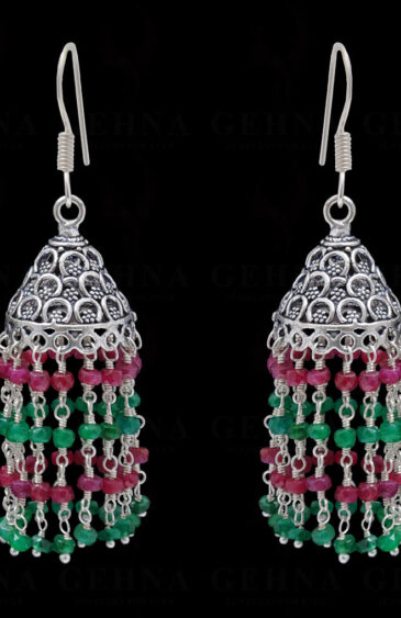 Emerald & Ruby Gemstone Faceted Bead Earrings In Silver GE06-1082