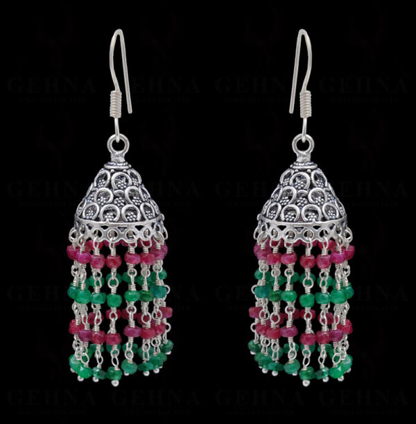 Emerald & Ruby Gemstone Faceted Bead Earrings In Silver GE06-1082