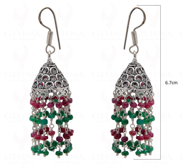 Emerald & Ruby Gemstone Faceted Bead Earrings In Silver GE06-1082