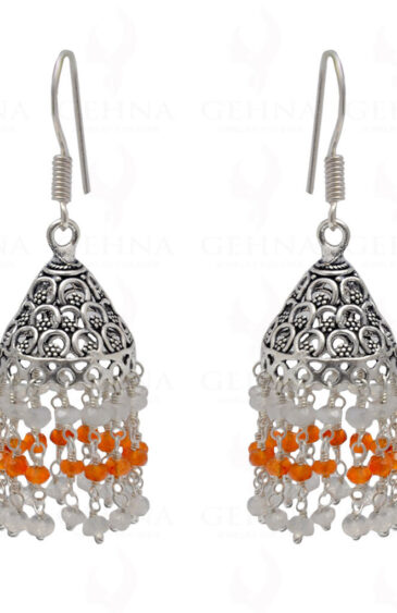 White Moonstone & Carnelian Gemstone Faceted Bead Earrings In Silver GE06-1083