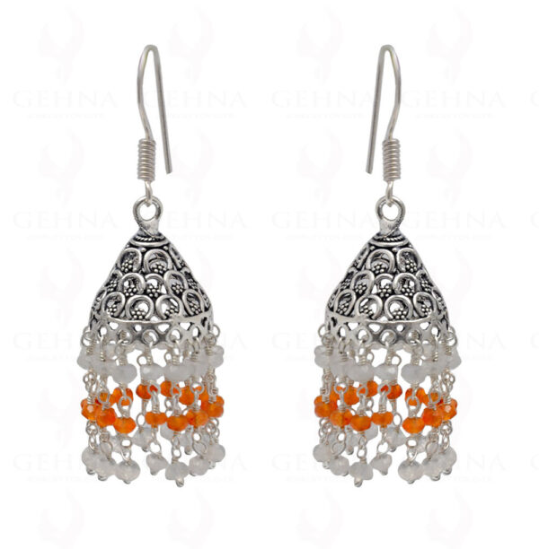 White Moonstone & Carnelian Gemstone Faceted Bead Earrings In Silver GE06-1083