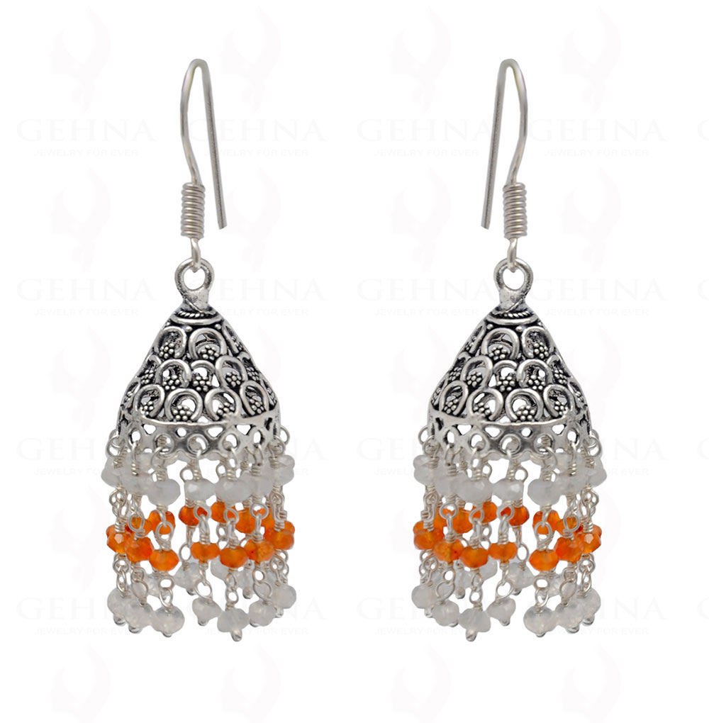 White Moonstone & Carnelian Gemstone Faceted Bead Earrings In Silver GE06-1083