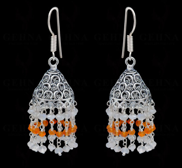 White Moonstone & Carnelian Gemstone Faceted Bead Earrings In Silver GE06-1083