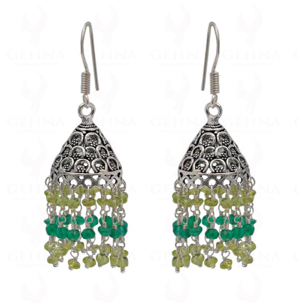 Peridot & Green Onyx Gemstone Faceted Bead Earrings In Silver GE06-1084