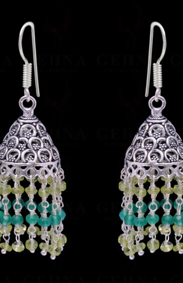 Peridot & Green Onyx Gemstone Faceted Bead Earrings In Silver GE06-1084