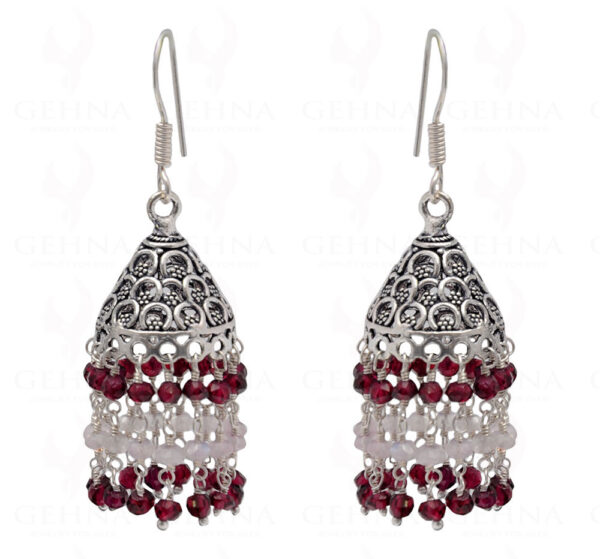 Red Garnet & White Moonstone Gemstone Faceted Bead Earrings In Silver GE06-1087