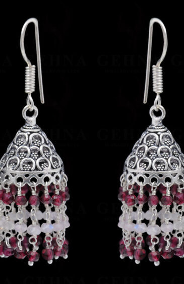 Red Garnet & White Moonstone Gemstone Faceted Bead Earrings In Silver GE06-1087