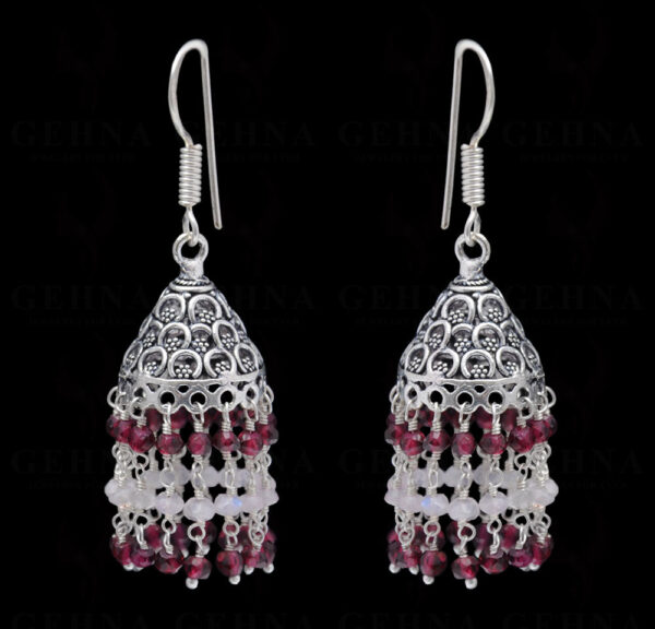 Red Garnet & White Moonstone Gemstone Faceted Bead Earrings In Silver GE06-1087