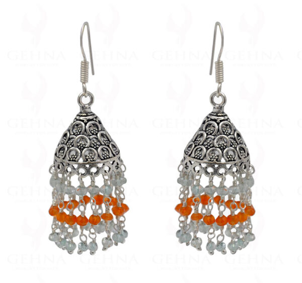 Carnelian & Aquamarine Gemstone Faceted Bead Earrings In Silver GE06-1089