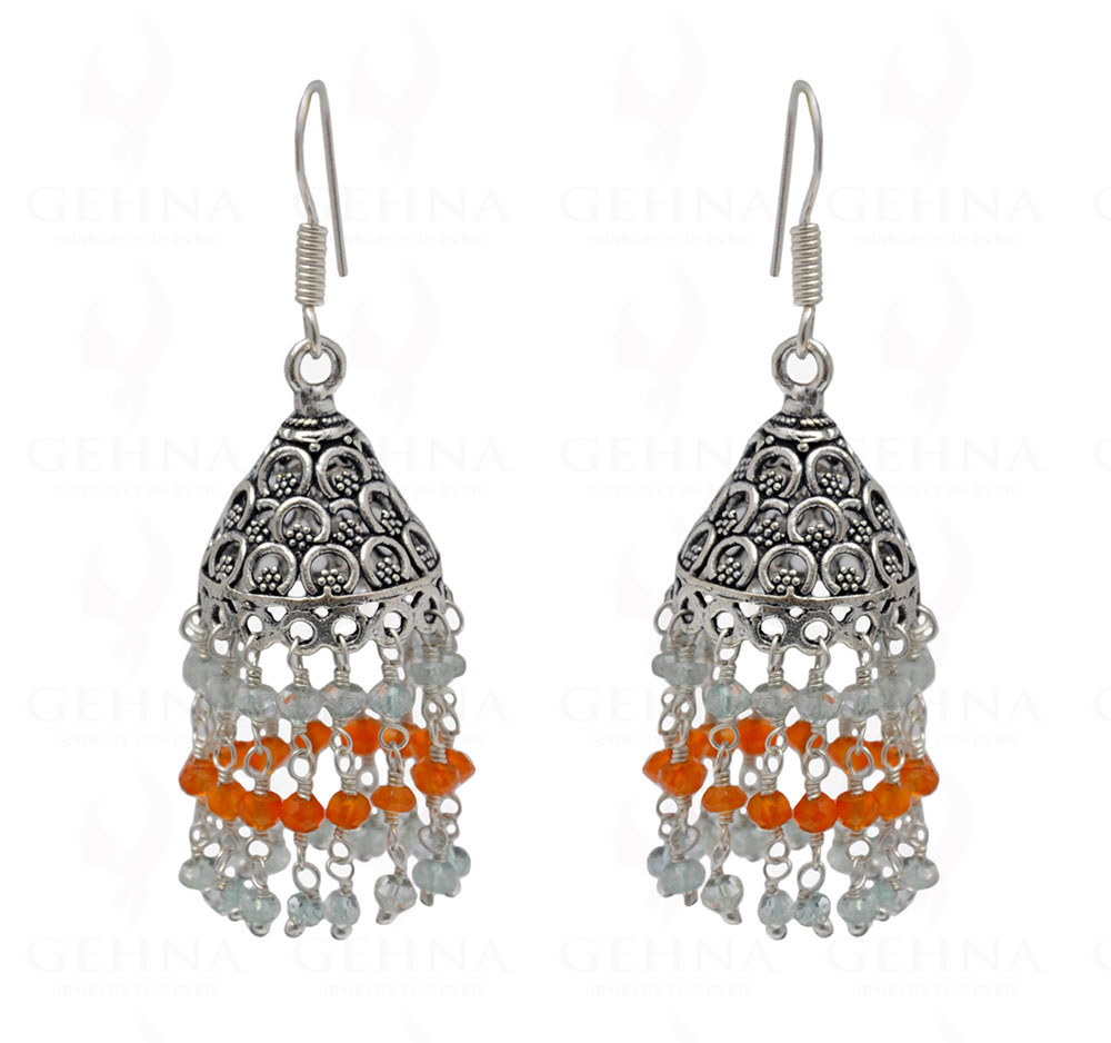 Carnelian & Aquamarine Gemstone Faceted Bead Earrings In Silver GE06-1089