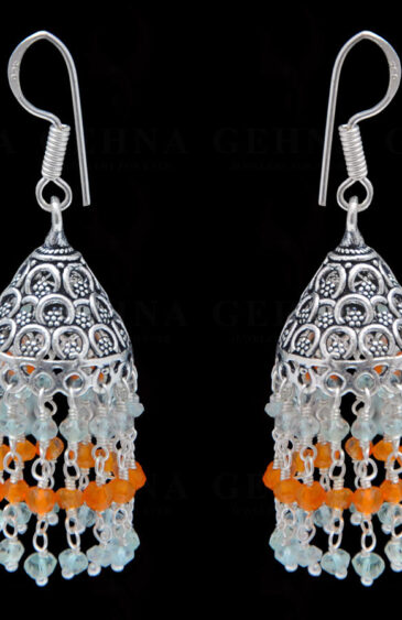 Carnelian & Aquamarine Gemstone Faceted Bead Earrings In Silver GE06-1089