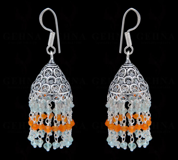 Carnelian & Aquamarine Gemstone Faceted Bead Earrings In Silver GE06-1089