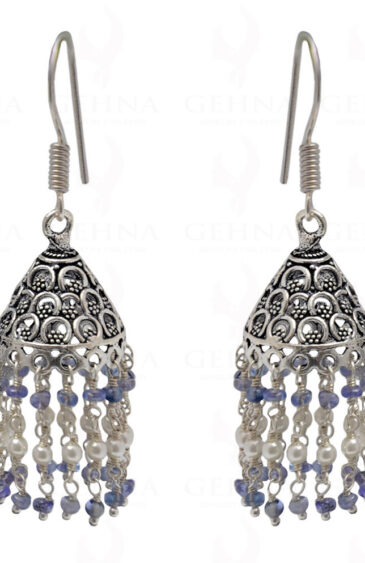Pearl & Tanzanite Gemstone Faceted Bead Earrings In Silver GE06-1092