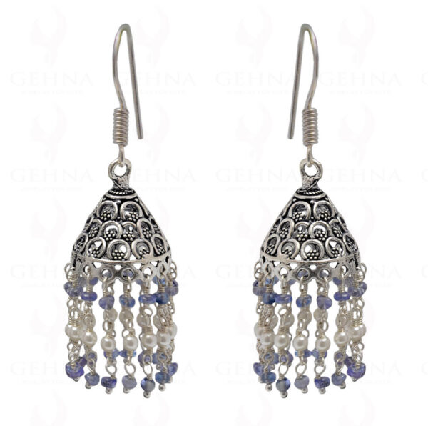 Pearl & Tanzanite Gemstone Faceted Bead Earrings In Silver GE06-1092