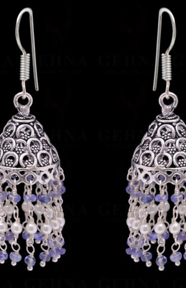 Pearl & Tanzanite Gemstone Faceted Bead Earrings In Silver GE06-1092