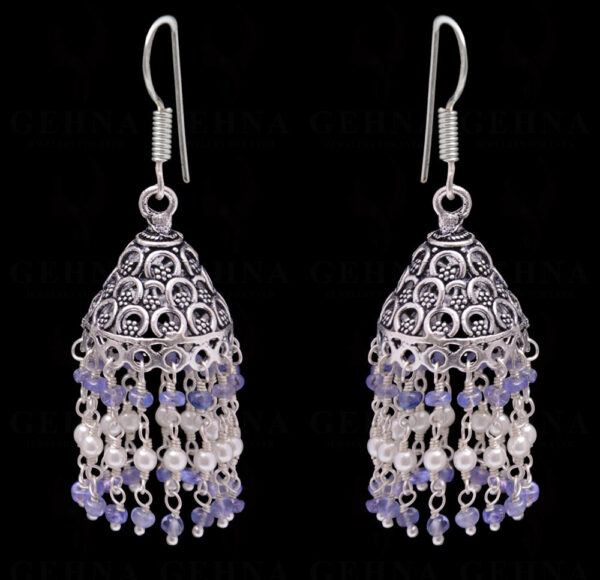 Pearl & Tanzanite Gemstone Faceted Bead Earrings In Silver GE06-1092