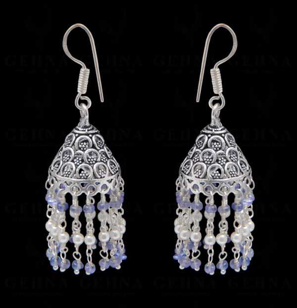 Pearl & Tanzanite Gemstone Faceted Bead Earrings In Silver GE06-1092