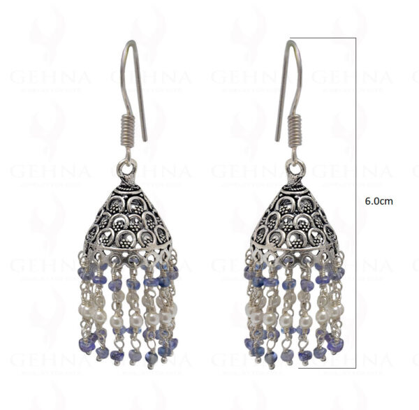 Pearl & Tanzanite Gemstone Faceted Bead Earrings In Silver GE06-1092