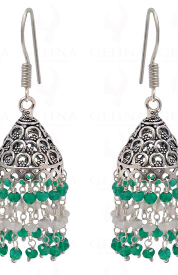 Green Onyx & White Rainbow Gemstone Faceted Bead Earrings In Silver GE06-1094