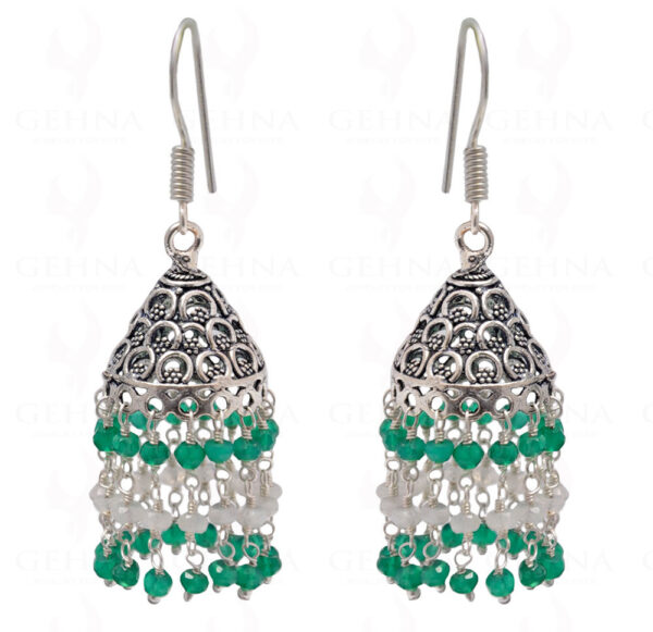 Green Onyx & White Rainbow Gemstone Faceted Bead Earrings In Silver GE06-1094