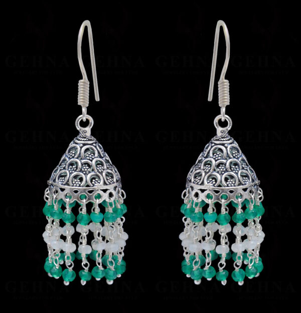 Green Onyx & White Rainbow Gemstone Faceted Bead Earrings In Silver GE06-1094