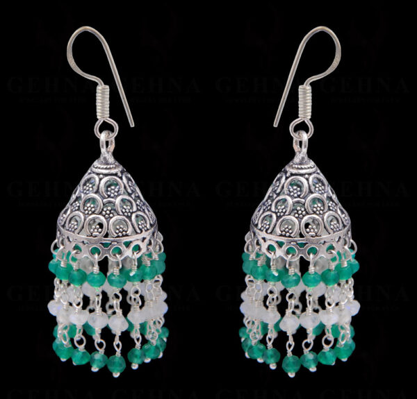 Green Onyx & White Rainbow Gemstone Faceted Bead Earrings In Silver GE06-1094