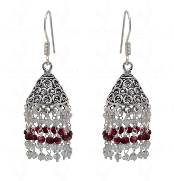 Aquamarine & Garnet Gemstone Faceted Bead Earrings In Silver GE06-1095