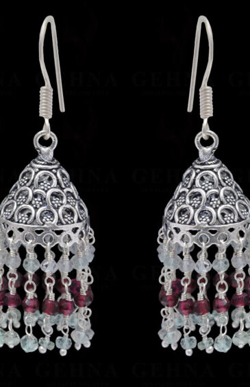 Aquamarine & Garnet Gemstone Faceted Bead Earrings In Silver GE06-1095