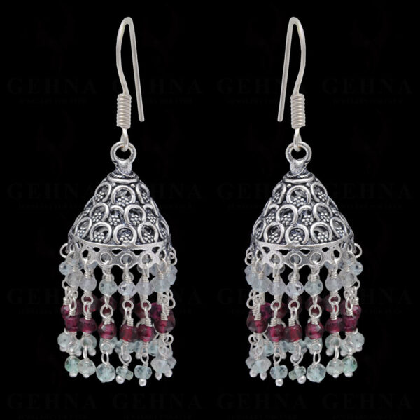 Aquamarine & Garnet Gemstone Faceted Bead Earrings In Silver GE06-1095