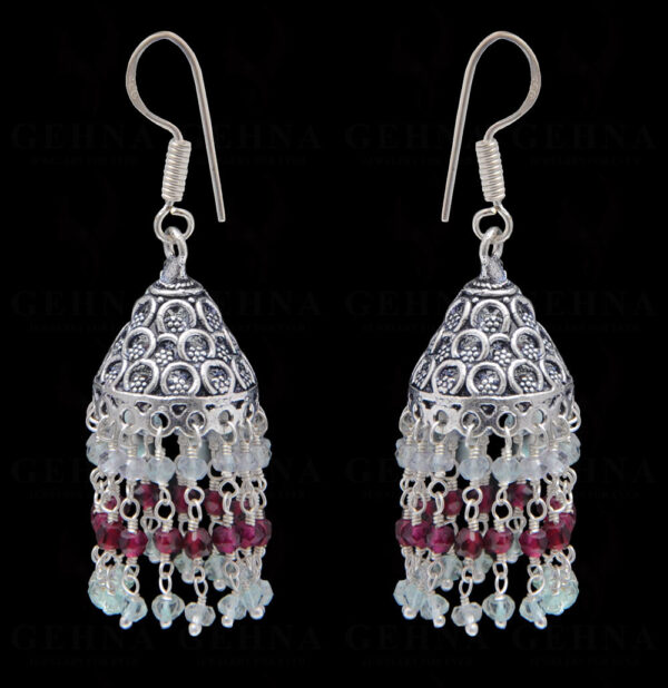 Aquamarine & Garnet Gemstone Faceted Bead Earrings In Silver GE06-1095