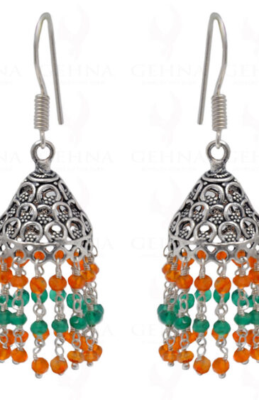Carnelian & Green Onyx Gemstone Faceted Bead Earrings In Silver GE06-1097