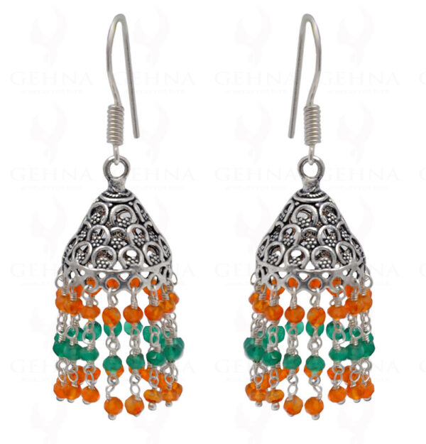 Carnelian & Green Onyx Gemstone Faceted Bead Earrings In Silver GE06-1097