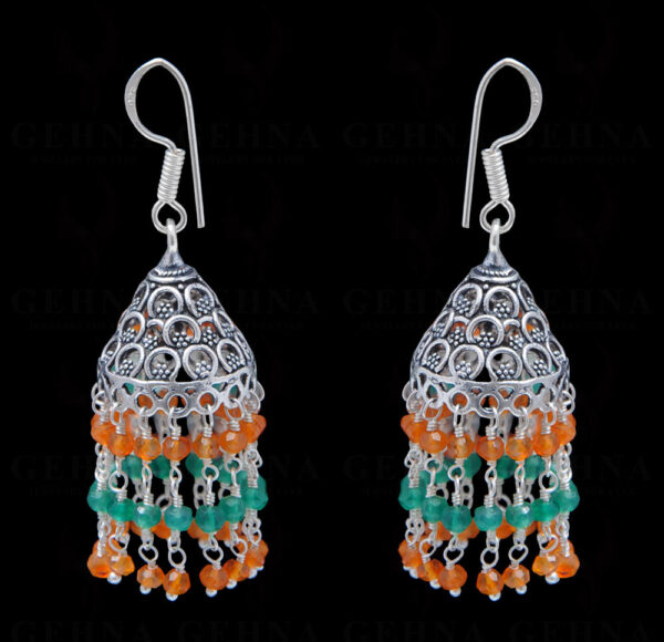 Carnelian & Green Onyx Gemstone Faceted Bead Earrings In Silver GE06-1097