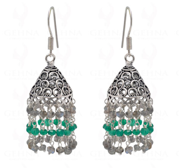 Labradorite & Green Onyx Gemstone Faceted Bead Earrings In Silver GE06-1099