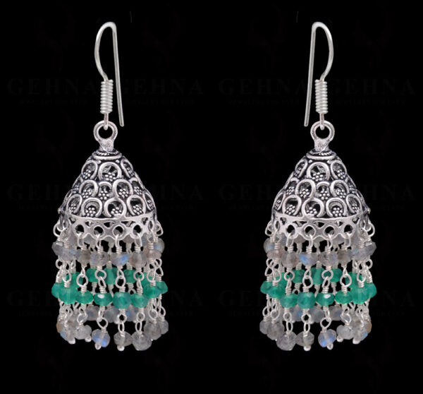 Labradorite & Green Onyx Gemstone Faceted Bead Earrings In Silver GE06-1099