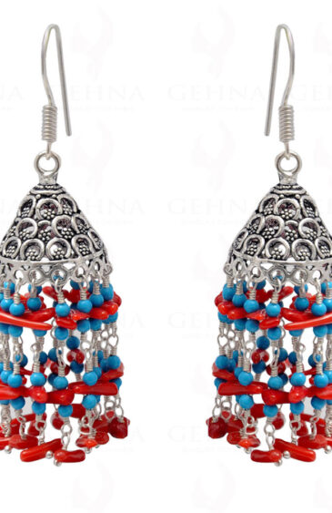 Coral & Blue Turquoise Gemstone Bead Earrings In Silver GE06-1100