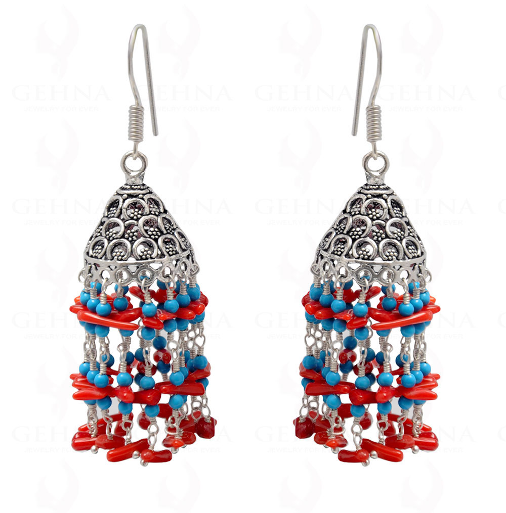 Coral & Blue Turquoise Gemstone Bead Earrings In Silver GE06-1100