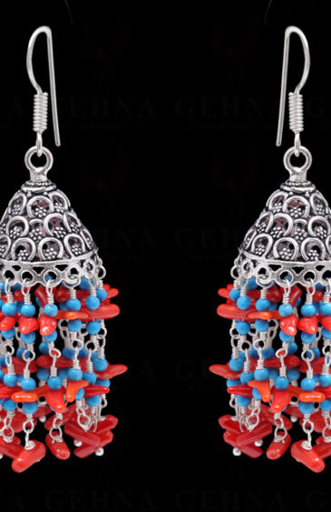 Coral & Blue Turquoise Gemstone Bead Earrings In Silver GE06-1100