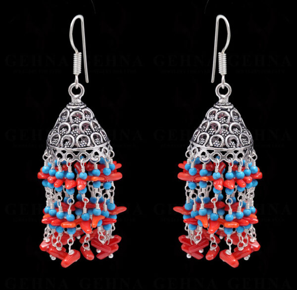 Coral & Blue Turquoise Gemstone Bead Earrings In Silver GE06-1100