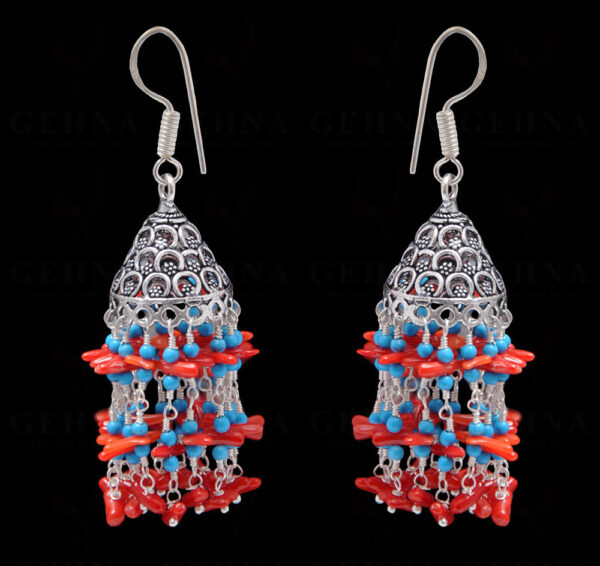 Coral & Blue Turquoise Gemstone Bead Earrings In Silver GE06-1100